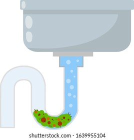 Blockage of pipe. Sink in bath and kitchen. Dirty tube. Water and garbage. Technical work. Broken sewer system. Blue washbasin. Plumbing and sanitary ware. Cartoon flat illustration