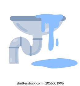 Blockage of pipe. Sink in bath and kitchen. Technical work. Broken sewer system. Blue washbasin. Cartoon flat illustration. Puddle of water