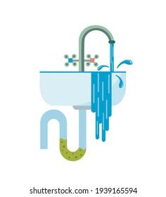 Blockage of pipe. Water flows from the sink. Sink in the bathroom or kitchen. Broken sewer system. Vector illustration in a flat style. Illustration on an isolated background in cartoon style.