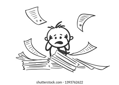 Blockage at work. Vector illustration, funny man and many documents.