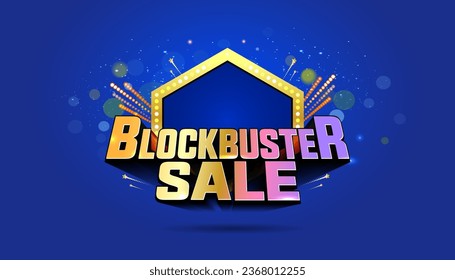 Concepto de venta de Blockbuster. 3d Texto vectorial y diseño de fondo festivo. Forma geométrica técnica y fondo brillante azul.