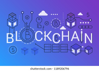 Blockchain 2019 word trendy composition concept banner. Outline stroke bitcoin, ethereum, block chain technology. Flat line icons lettering typography.