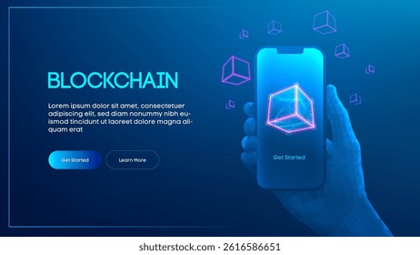 Blockchain 3D block on smartphone digital neon background. Chain data app crypto cube mobile fintech technology. Software economy concept bitcoin wallet tech future analytics cyber content.