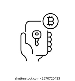 Blockchain access key, secure wallet management. Bitcoin, phone and hand. Pixel perfect vector icon