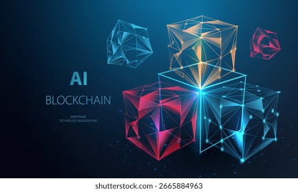 Blockchain ai concept. Blockchain connected cubes block banner. Database box chain technology background. Data transmission crypto vector.