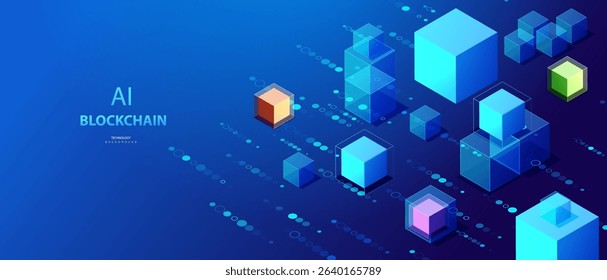 Blockchain ai isometric concept. Cryptocurrency and blockchain connected cube blocks banner. Big data Ai chain technology background. Data transmission crypto operations vector.