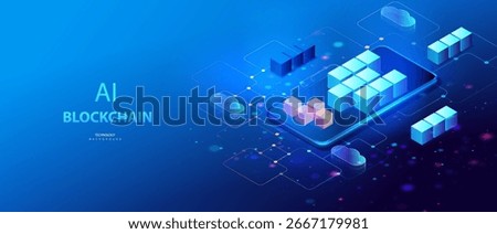 Blockchain ai isometric vector. Cryptocurrency and blockchain connected cube blocks on phone banner. Big data Ai chain technology background. Data business crypto operations.