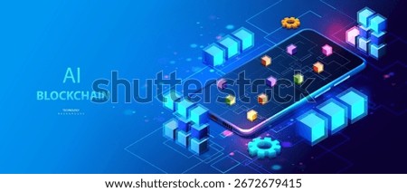 Blockchain ai isometric vector. Cryptocurrency and blockchain bricks connected cube blocks on smartphone banner. Big data Ai chain technology background. Data business working.