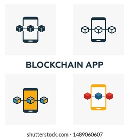 Blockchain App icon set. Four elements in diferent styles from blockchain icons collection. Creative blockchain app icons filled, outline, colored and flat symbols.