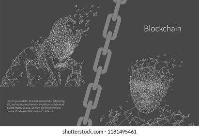 Blockchain artificial intelligence poster with text sample set vector. Geometric shapes forming person shape, computer mind with modern technologies