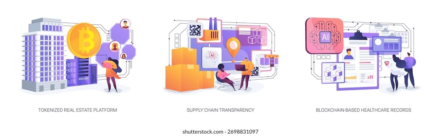 Blockchain para Ativos e Registros conceito abstrato vetor ilustração conjunto. O Blockchain permite a geração de tokens imobiliários, rastreamento de produtos e gerenciamento seguro de dados de pacientes.
