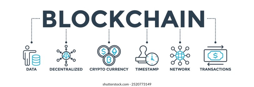 Blockchain banner concept with icon of data, decentralized, crypto currency, timestamp, network, transactions. Web icon vector illustration
