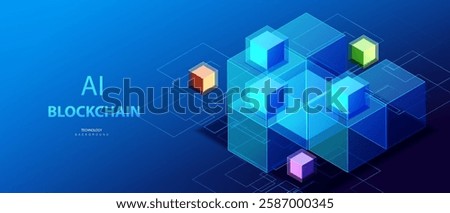 Blockchain banner. Connected cube blocks. Ai chain data technology background. Transmission cryptocurrency network vector.