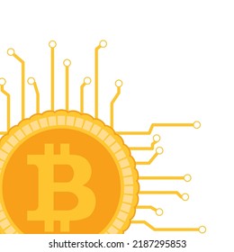 Blockchain banner poster with bitcoin connected and integrated. Vector illustration. Bitcoin symbol, e-commerce bank, cryptocurrency banking, coin concept, web cash connection, golden coin sign