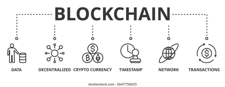 Blockchain banner vector illustration concept with icon of data, decentralized, crypto currency, timestamp, network and transactions