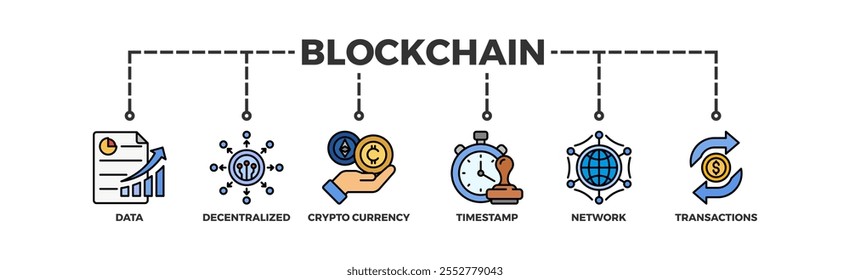 Blockchain banner web icon illustration concept with icon of data, decentralized, crypto currency, timestamp, network and transactions