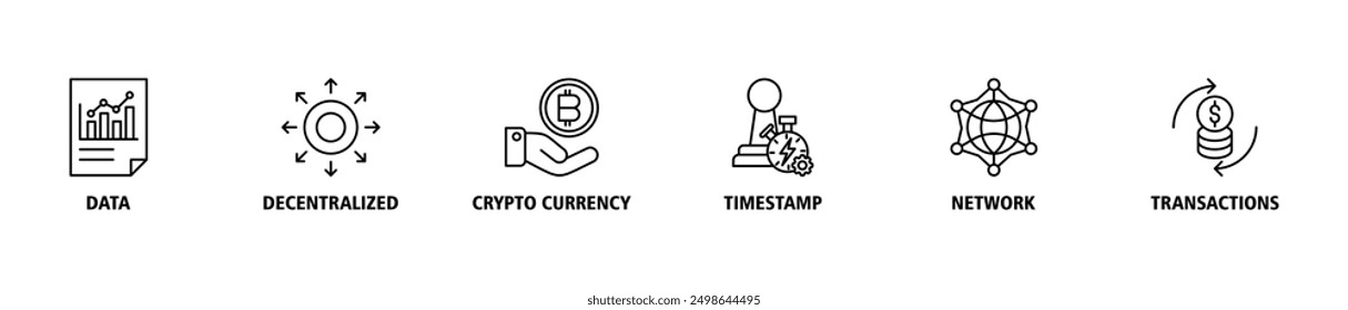 Blockchain banner web icon set vector illustration concept with icon of data, decentralized, crypto currency, timestamp, network and transactions icons symbol
