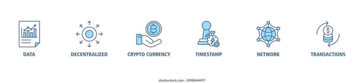 Blockchain banner web icon set vector illustration concept with icon of data, decentralized, crypto currency, timestamp, network and transactions icons symbol