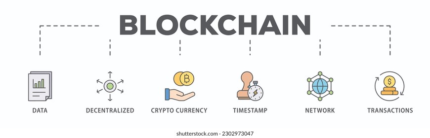 Blockchain banner web icon vector illustration concept with icon of data, decentralized, crypto currency, timestamp, network and transactions
