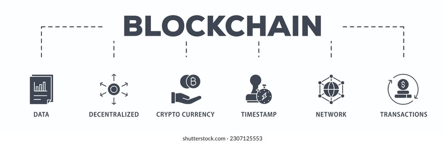 Blockchain banner web icon vector illustration concept with icon of data, decentralized, crypto currency, timestamp, network and transactions
