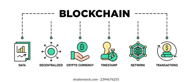Blockchain banner web icon vector illustration concept with icon of data, decentralized, crypto currency, timestamp, network and transactions