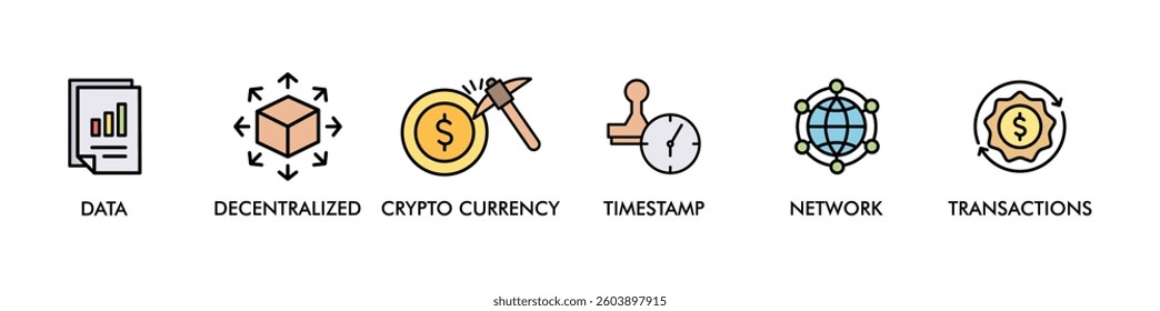 BLOCKCHAIN banner web icon vector illustration concept with icon of data, decentralized, crypto currency, timestamp, network and transactions 
