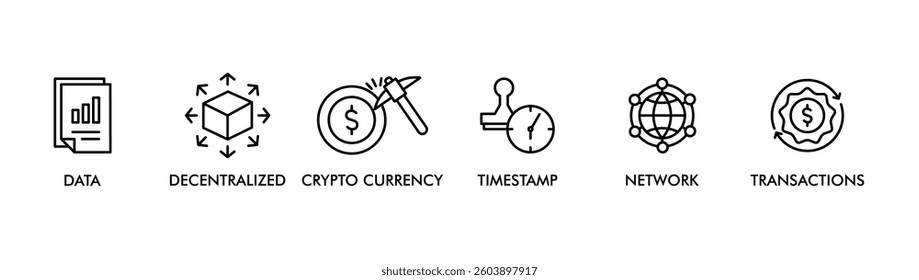 BLOCKCHAIN banner web icon vector illustration concept with icon of data, decentralized, crypto currency, timestamp, network and transactions 