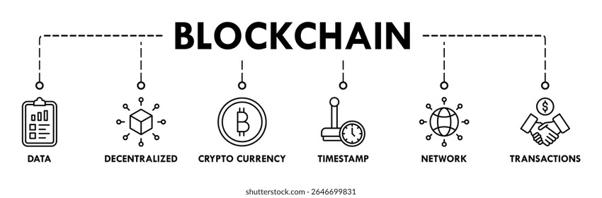 Concepto de Ilustración vectorial de íconos de Anuncio Web de blockchain con ícono de datos, descentralizado, criptomoneda, marca de tiempo, red y transacciones