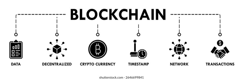 Blockchain banner web icon vector illustration concept with icon of data, decentralized, crypto currency, timestamp, network and transactions