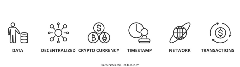 Blockchain banner web ícone vetor ilustração conceito com ícone de dados, descentralizado, moeda criptográfica, carimbo de data/hora, rede e transações