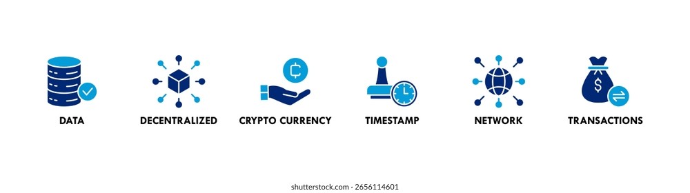 Blockchain banner web icon vector illustration concept with icon of data, decentralized, crypto currency, timestamp, network and transactions