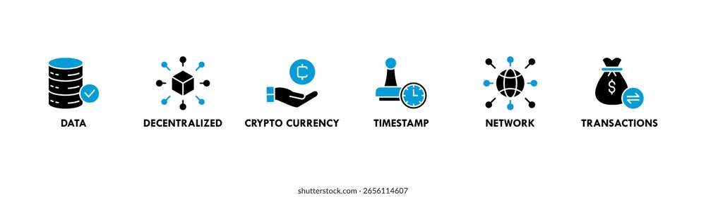 Blockchain banner web icon vector illustration concept with icon of data, decentralized, crypto currency, timestamp, network and transactions