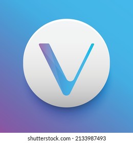 Blockchain based secure Cryptocurrency coin VeChain (VET) icon isolated on colored background. Digital virtual money tokens. Decentralized finance technology illustration. Altcoin Vector logos.