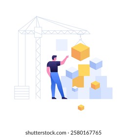 Blockchain Beyond Cryptocurrency technology concept illustration. Person managing interconnected blocks with a crane, symbolizing blockchain applications beyond cryptocurrency in various industries.