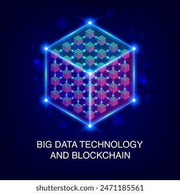 Blockchain y Big Data Storage: Concepto de Tecnología Digital - Cubo de Datos Moderno de Perspectiva, Edge Computing y Blockchain. Ilustración vectorial