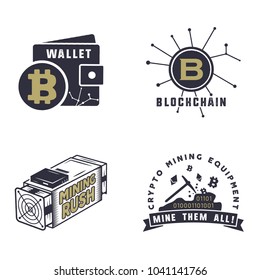 Blockchain, bitcoin, crypto currencies emblems and concepts. Digital assets logos. Vintage hand drawn monochrome design. Miners, wallet badges. Stock vector illustration isolated on white background.