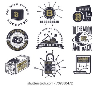 Blockchain, bitcoin, crypto currencies emblems and concepts set . Digital assets logos. Vintage han drawn monochrome design. Technology badges. Stock vector illustration isolated on white background.