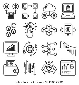 Blockchain Bitcoin Cryptocurrency Icons Set on White Background. Vector