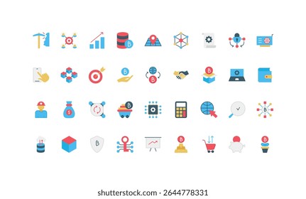 Blockchain, bitcoin e data mining, segurança fintech, cripto moedas no conjunto de ícone de cor da carteira eletrônica. Cubo de bloco digital e informação, ilustração vetor plana de inicialização criptomoeda