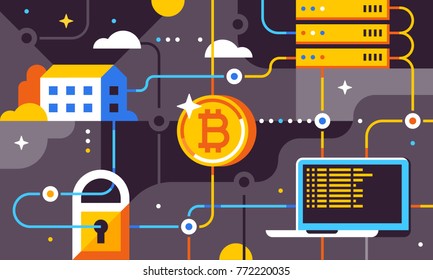 Blockchain and bitcoin mining technologies concept. New financial technology. Trendy flat vector illustration for banner, flyer, social media or print.