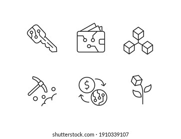 Blockchain, Bitcoin Mining, Portemonnaie, Krypto-Austausch einfache dünne Linie Symbol, Vektorgrafik