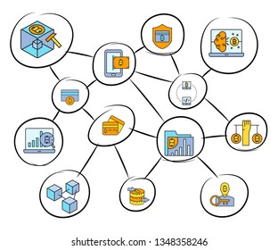 blockchain and bitcoin technology concept network in white background