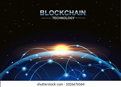 blockchain and bitcoin technology concept vector background. Big data, node, circuit networking above the planet Earth with Sunlight.
