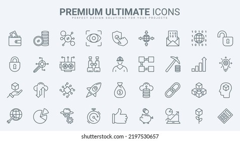 Blockchain, bitcoin thin line icons set vector illustration. Outline crypto money in digital wallet and data mining in network, cryptocurrency exchange, transaction and payment pictogram, cryptography