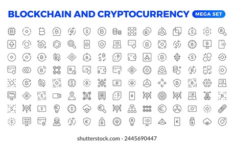 Blockchain, bitcoin thin line icons set vector illustration. Outline crypto money in digital wallet and data mining network, cryptocurrency exchange, transaction payment pictogram, cryptography Icons