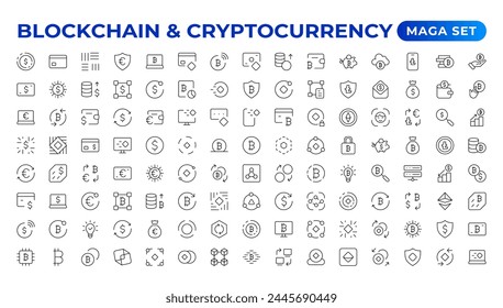 Blockchain, bitcoin thin line icons set vector illustration. Outline crypto money in digital wallet and data mining network, cryptocurrency exchange, transaction payment pictogram, cryptography Icons