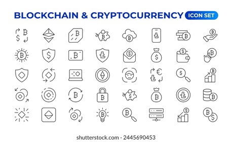 Blockchain, bitcoin thin line icons set vector illustration. Outline crypto money in digital wallet and data mining network, cryptocurrency exchange, transaction payment pictogram, cryptography Icons