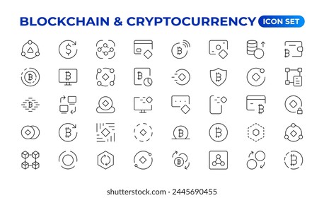 Blockchain, bitcoin thin line icons set vector illustration. Outline crypto money in digital wallet and data mining network, cryptocurrency exchange, transaction payment pictogram, cryptography Icons