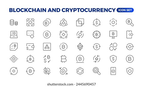 Blockchain, bitcoin thin line icons set vector illustration. Outline crypto money in digital wallet and data mining network, cryptocurrency exchange, transaction payment pictogram, cryptography Icons