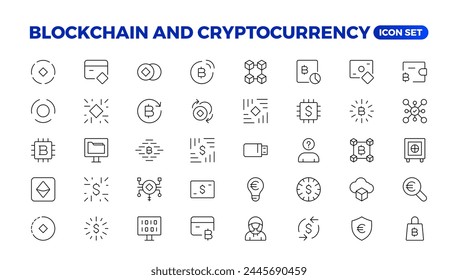 Blockchain, bitcoin thin line icons set vector illustration. Outline crypto money in digital wallet and data mining network, cryptocurrency exchange, transaction payment pictogram, cryptography Icons